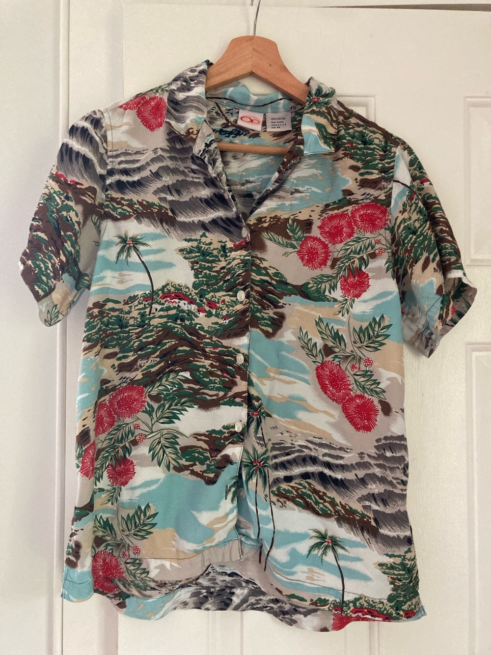 OP Men's Vintage Tropical Floral Hawaiian Shirt - Light Blue, Red & Green